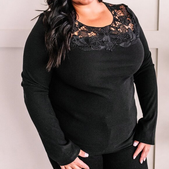 Micro Ribbed Lace Detailed Top In Rich Black Beauty - Picture 1 of 3